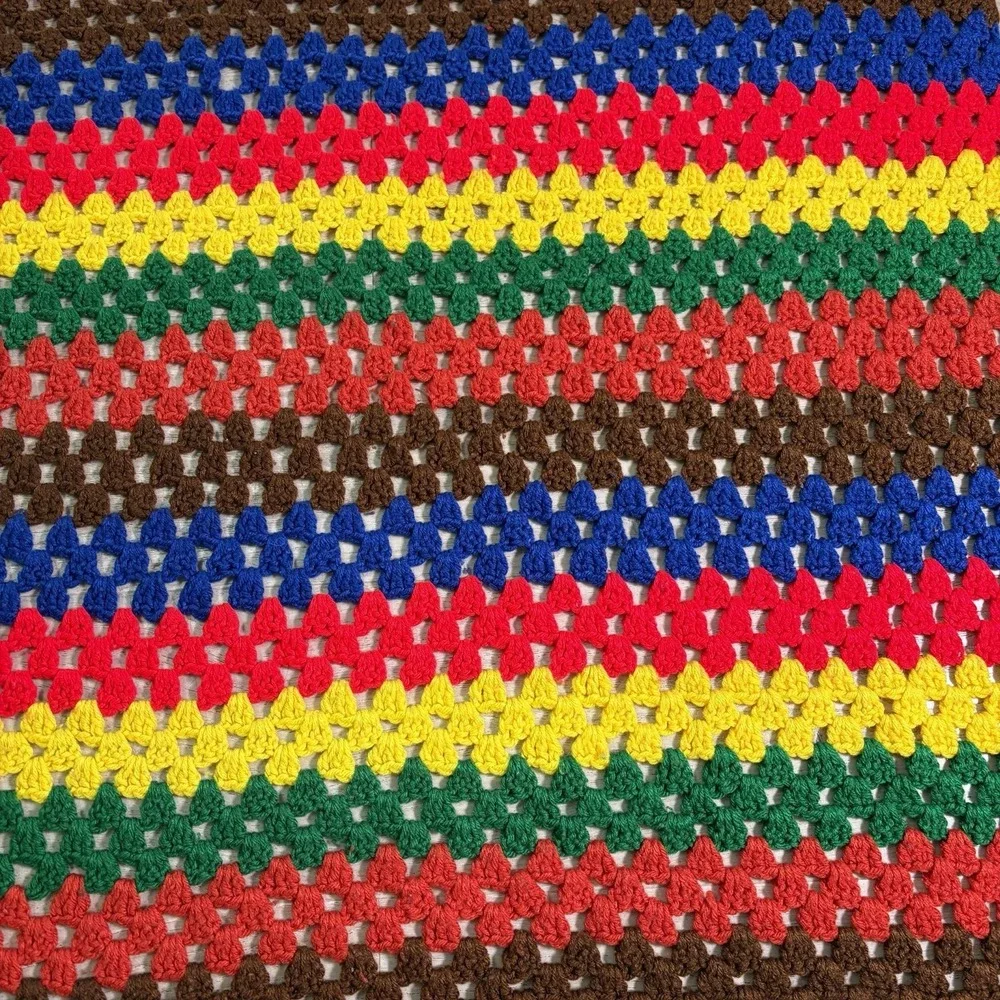 Vintage Large Afghan Hand Knit Crochet Granny Stripes Blanket 60x37 Bright Color